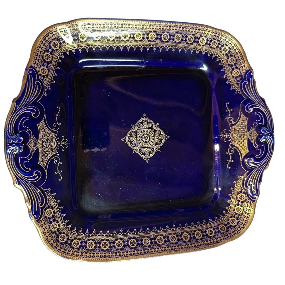 VTG Sarreguemines Cobalt Blue Gold 10 1/2" Elaborate Square‎ Serving Dish Handle